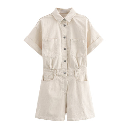 Combinaison Élégance en Denim Multicolore à Manches Courtes