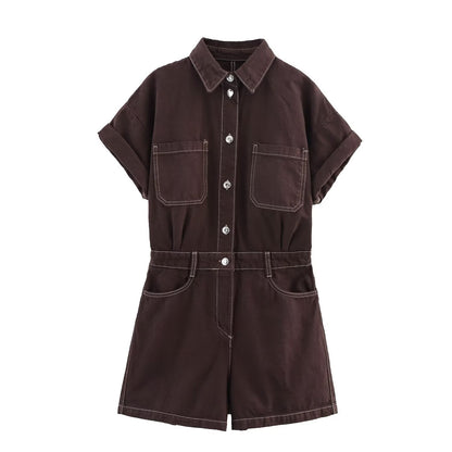 Combinaison Élégance en Denim Multicolore à Manches Courtes
