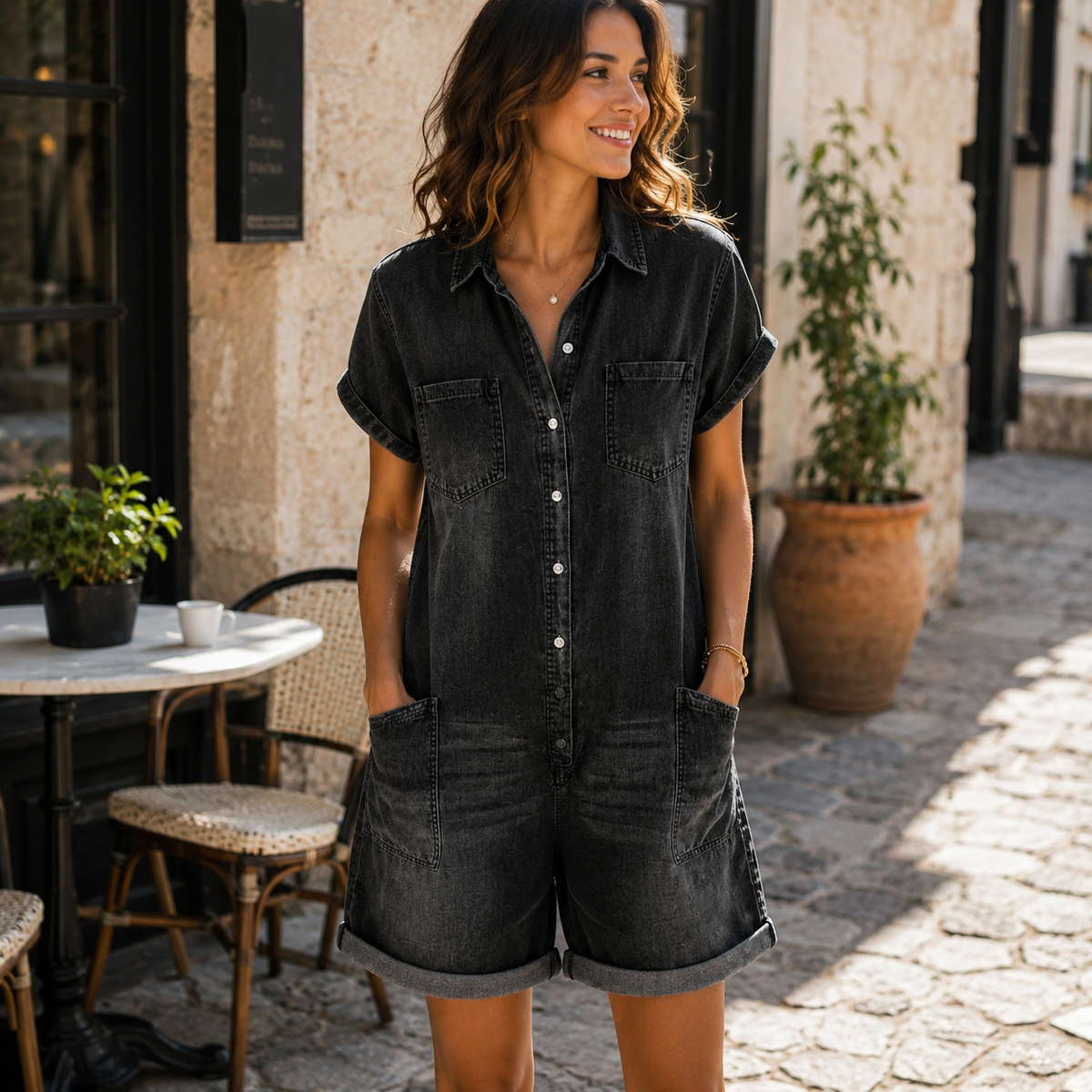 Combinaison-Short en Jean Élégante à Manches Courtes