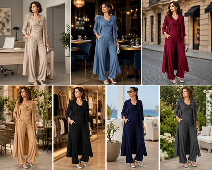 Ensemble 3 Pièces Femme – Cardigan Long, Haut Drapé & Pantalon Fluide
