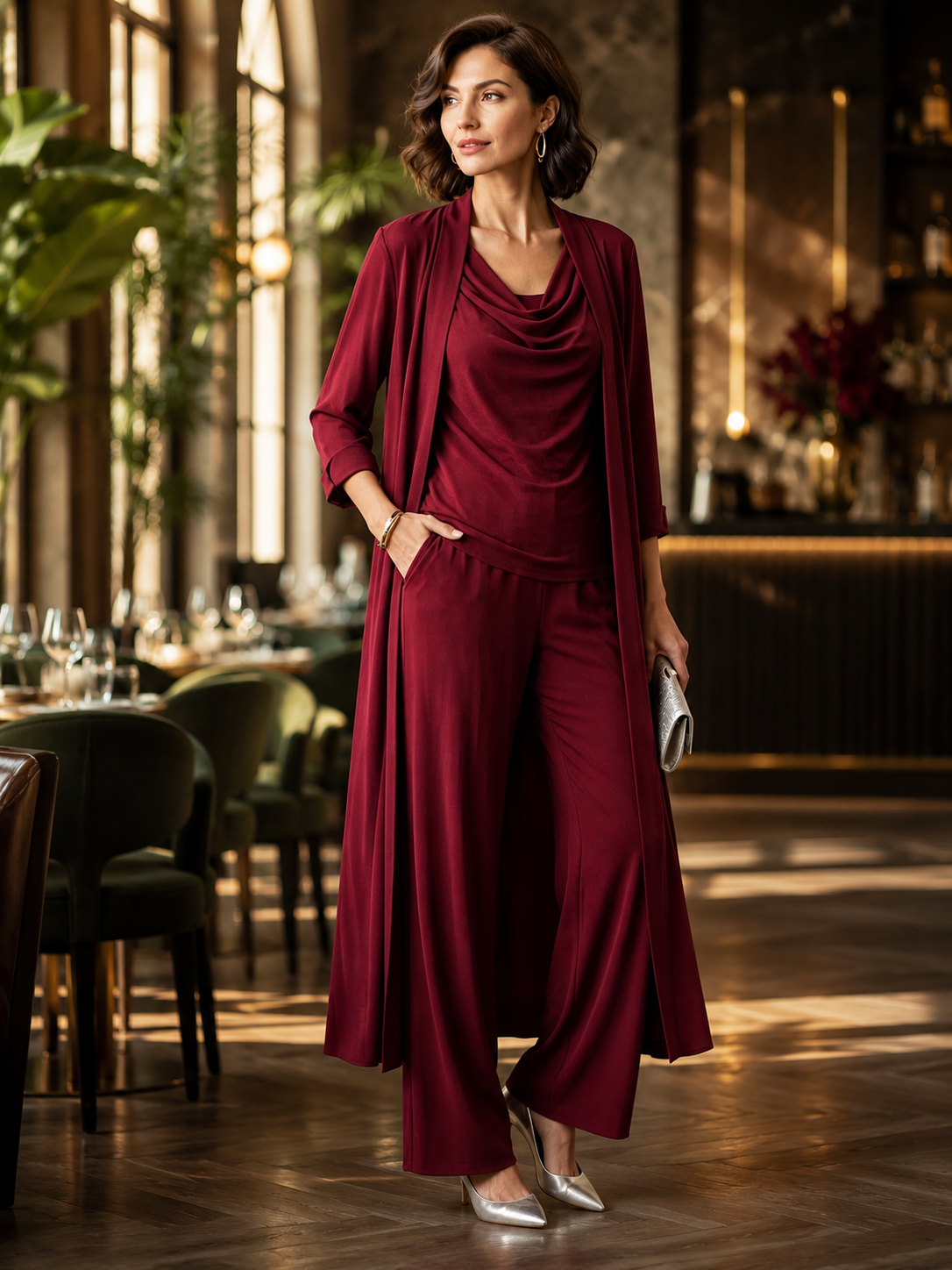 Ensemble 3 Pièces Femme – Cardigan Long, Haut Drapé & Pantalon Fluide