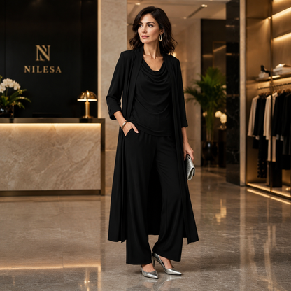Ensemble 3 Pièces Femme – Cardigan Long, Haut Drapé & Pantalon Fluide