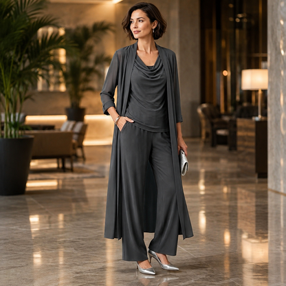 Ensemble 3 Pièces Femme – Cardigan Long, Haut Drapé & Pantalon Fluide