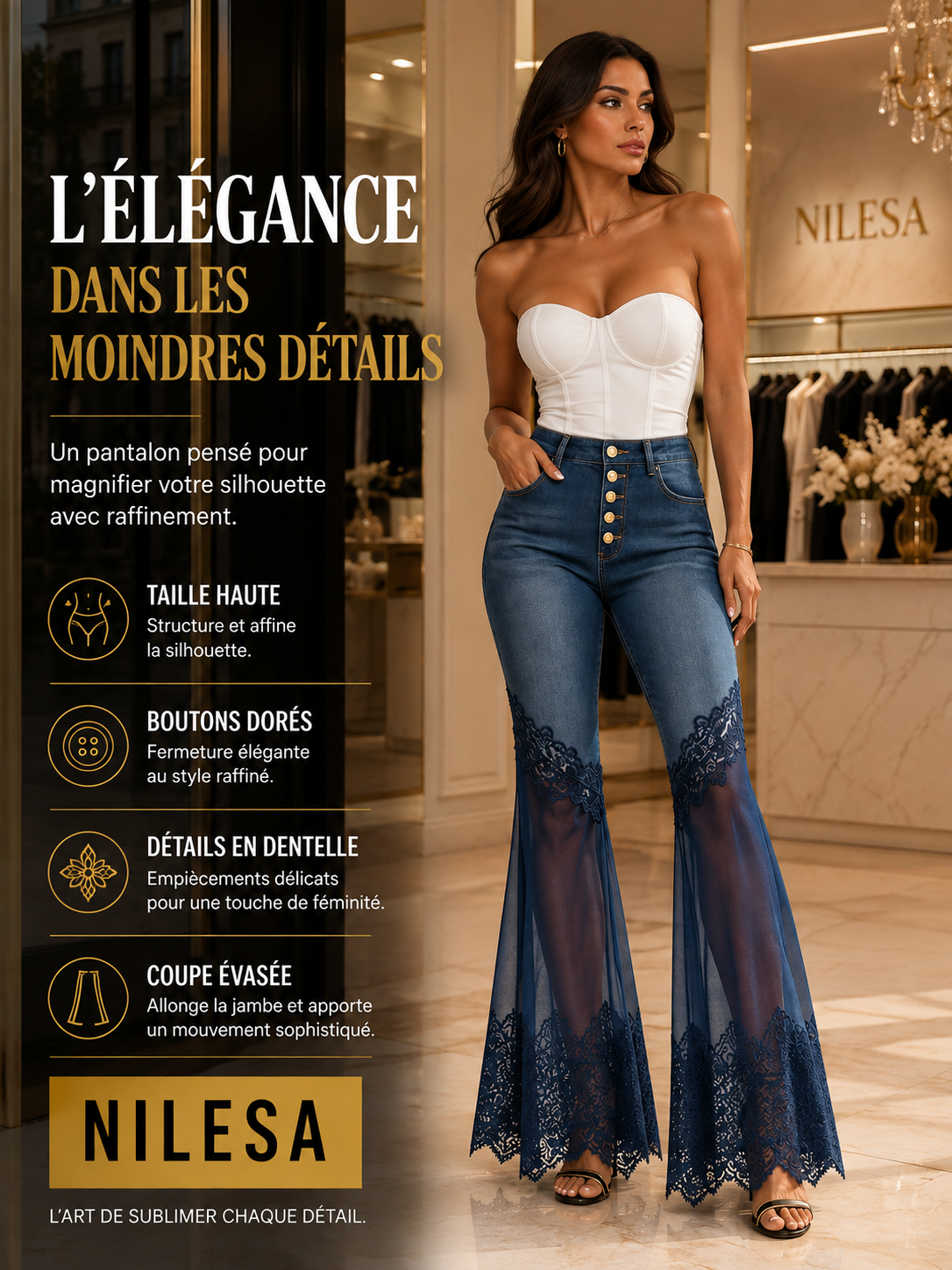 Jean évasé taille haute en denim à ourlet asymétrique
