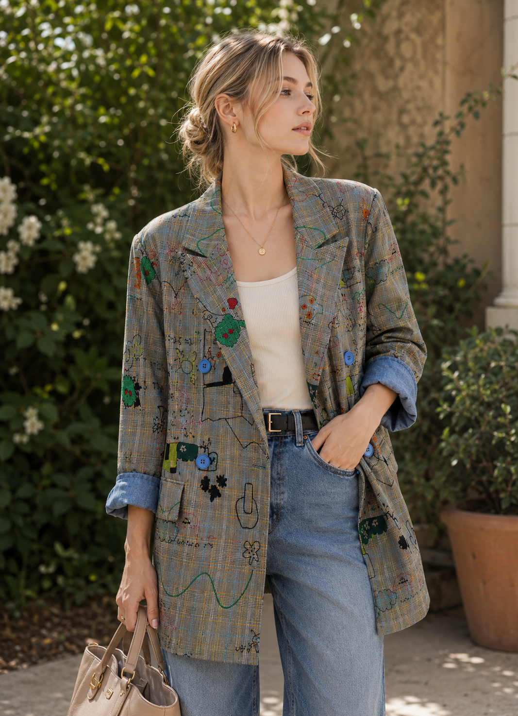Blazer Femme à Carreaux et Motifs Graphiques – Coupe Ample