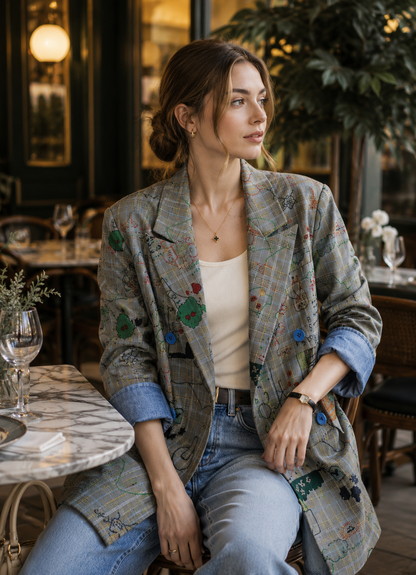 Blazer Femme à Carreaux et Motifs Graphiques – Coupe Ample