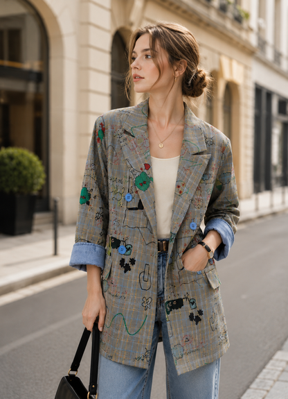 Blazer Femme à Carreaux et Motifs Graphiques – Coupe Ample