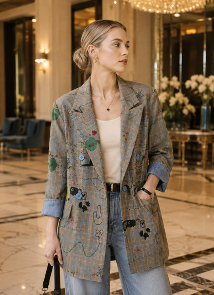 Blazer Femme à Carreaux et Motifs Graphiques – Coupe Ample