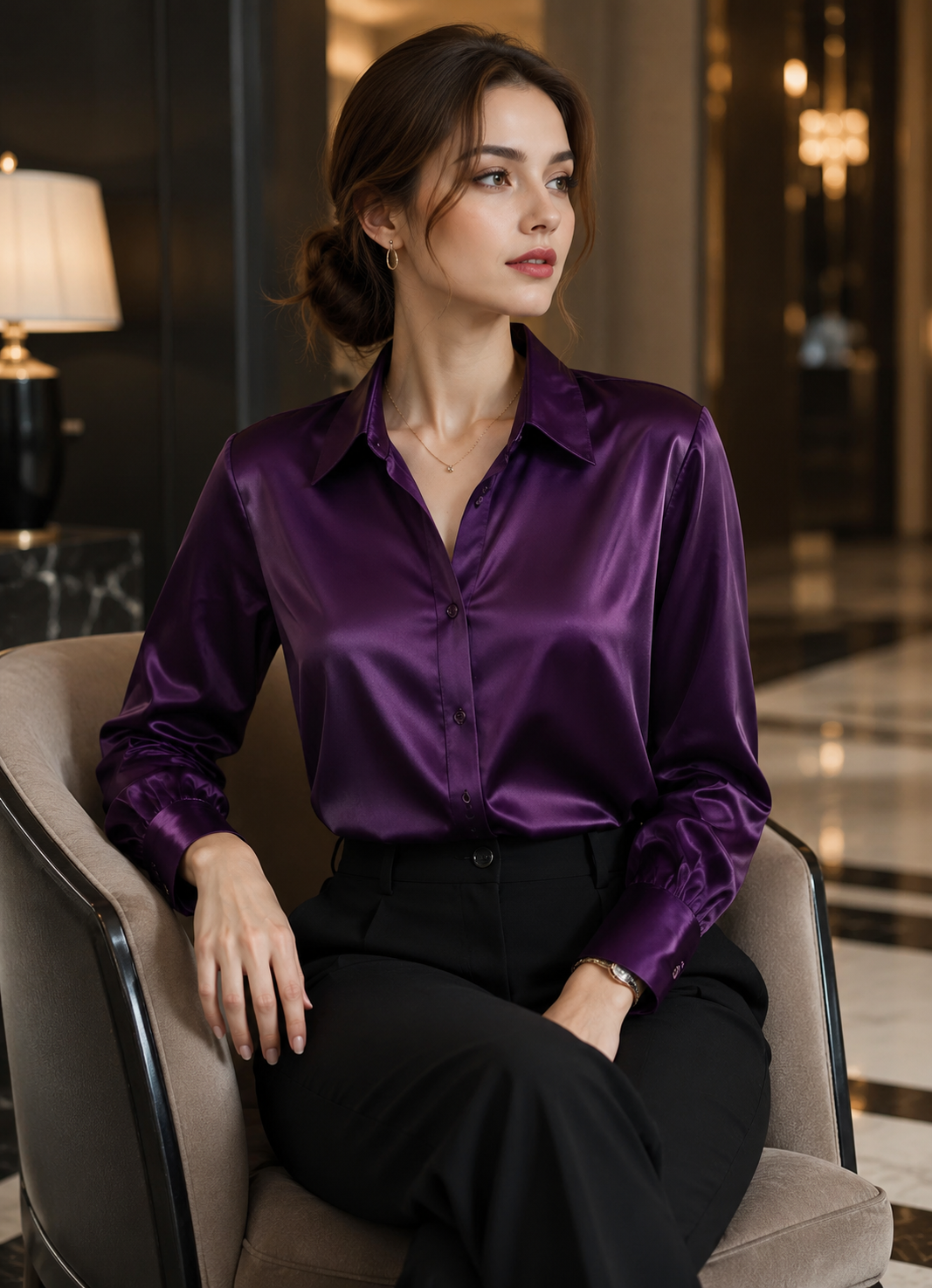 Chemisier Femme Élégant en Satin – Coupe Ajustée & Col Raffiné