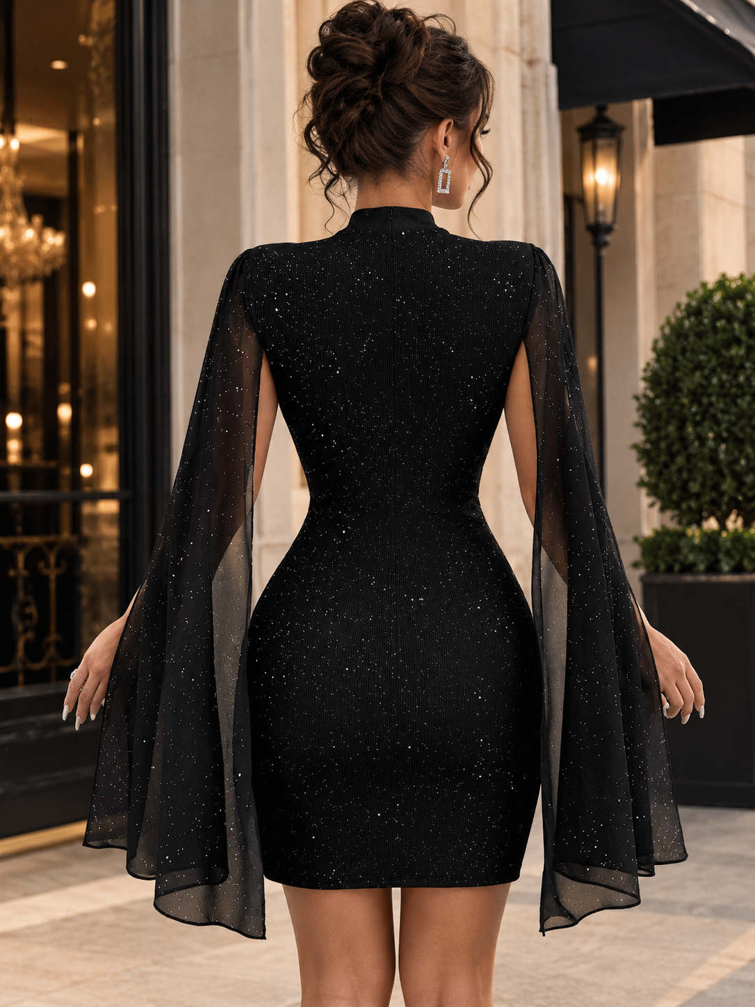 Robe de Soirée Élégance Scintillante – Manches Cape & Détails Perlés