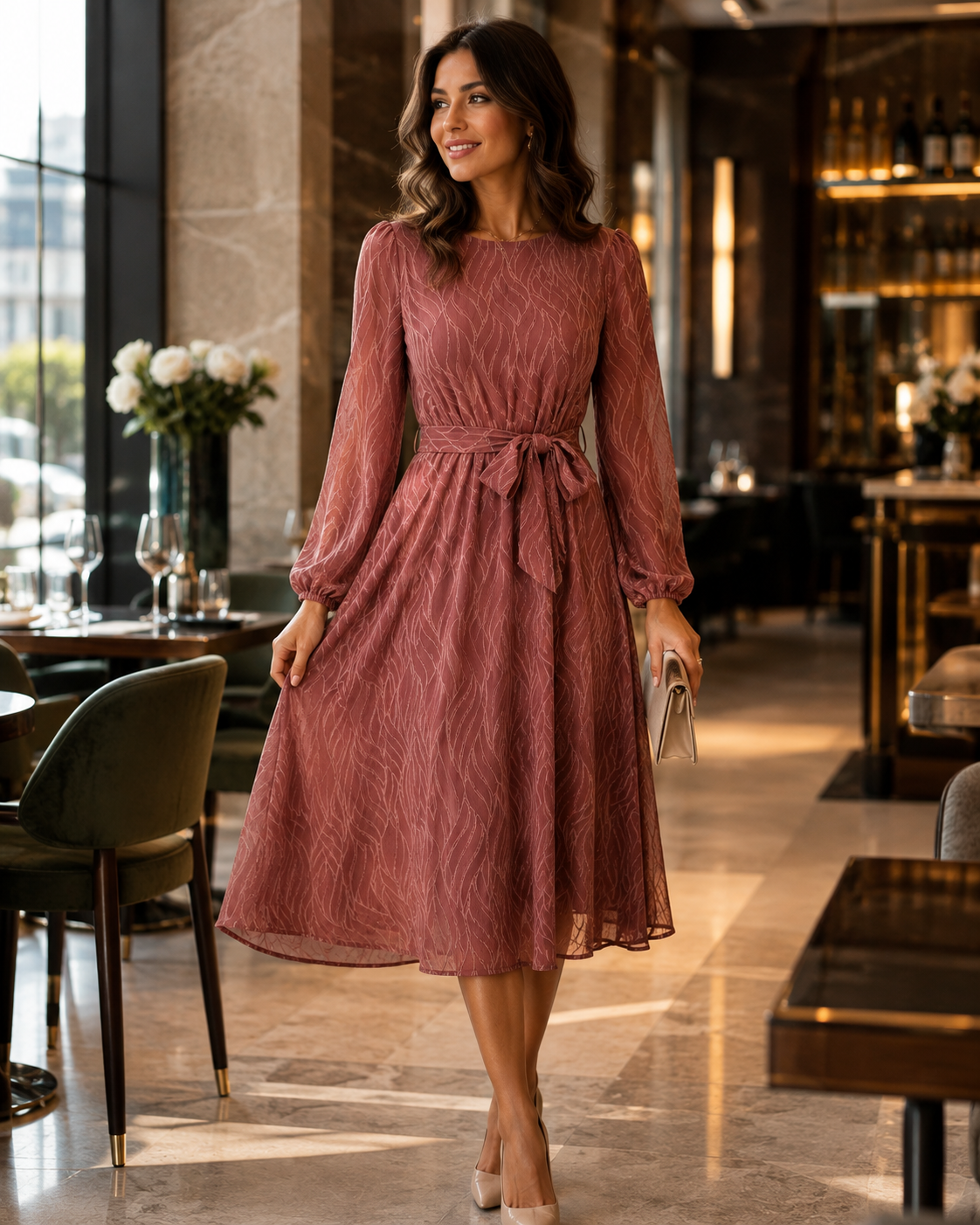 Robe Jacquard Élégante à Ceinture