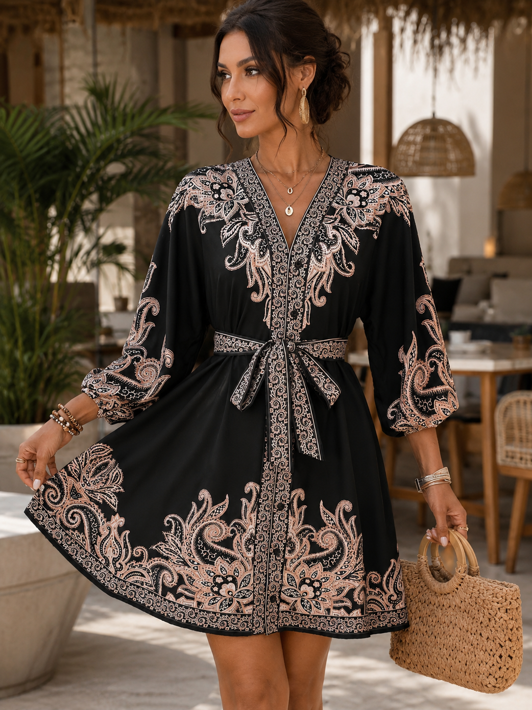 Robe à col en V et taille lacée pour femme