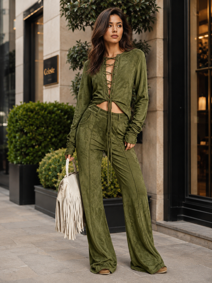 Ensemble Denim Chic à Lacets – Cardigan & Pantalon Fluide