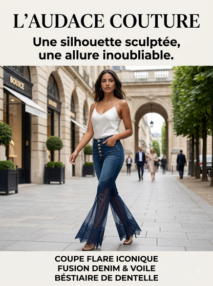 Jean évasé taille haute en denim à ourlet asymétrique