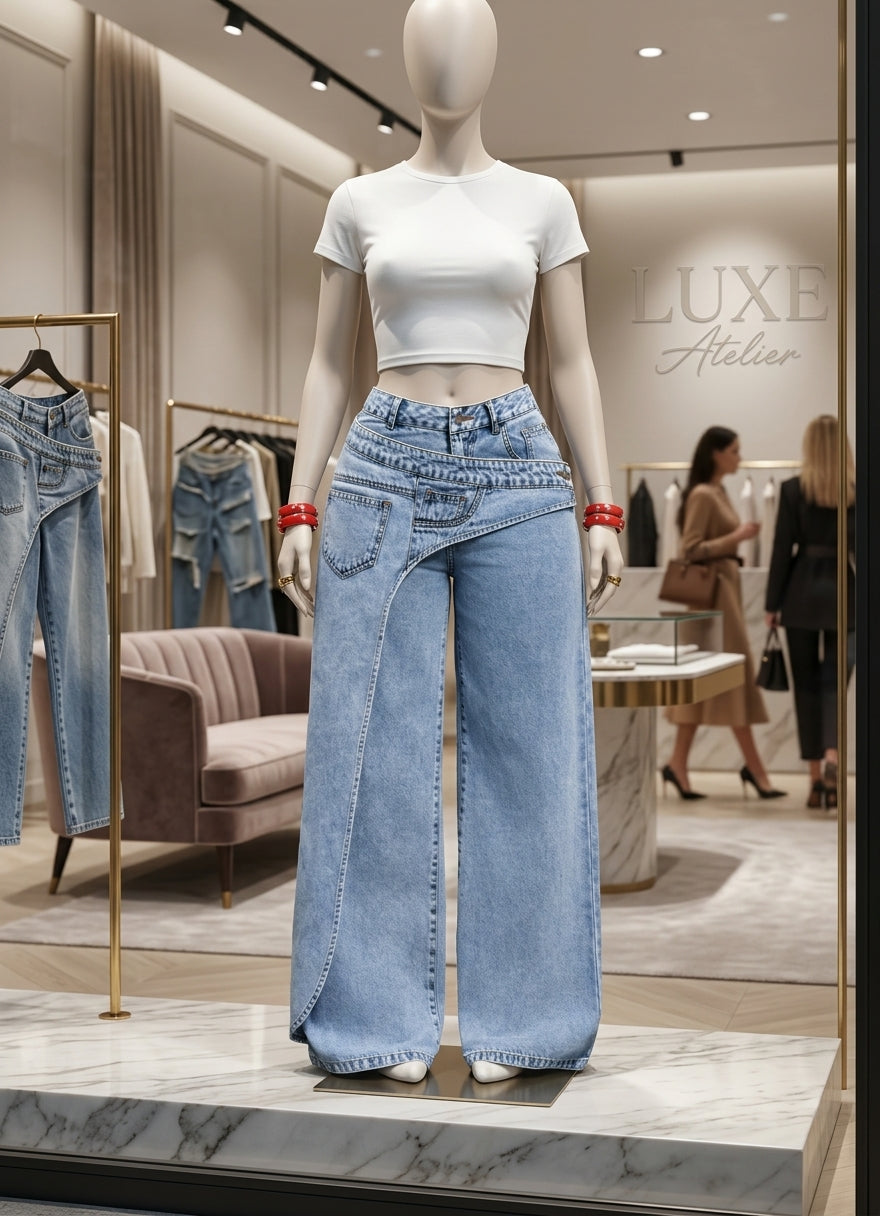 Jean Femme Asymétrique à Coupe Droite – Élégance Urbaine Contemporaine