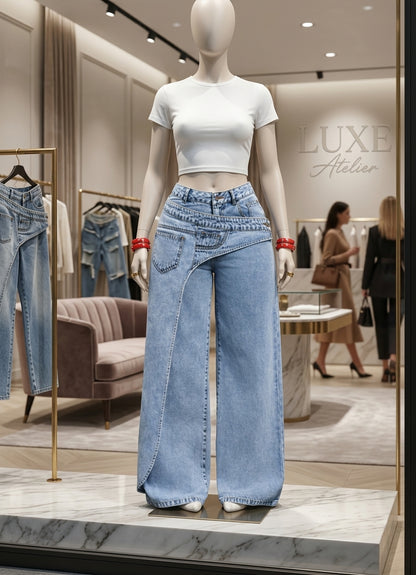 Jean Femme Asymétrique à Coupe Droite – Élégance Urbaine Contemporaine