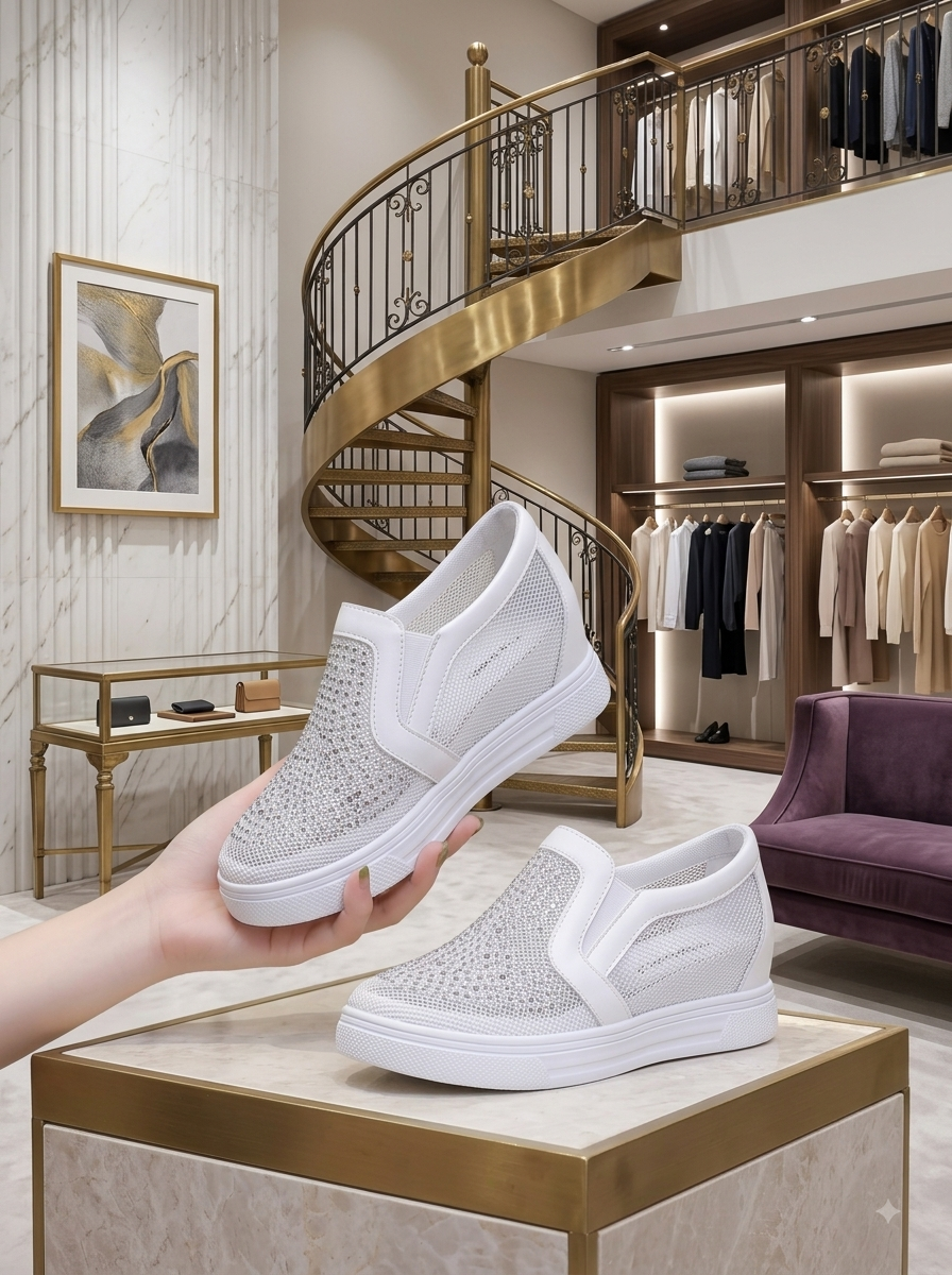 Baskets Élégance Blanche à Talon Compensé Invisible et Maille Respirante