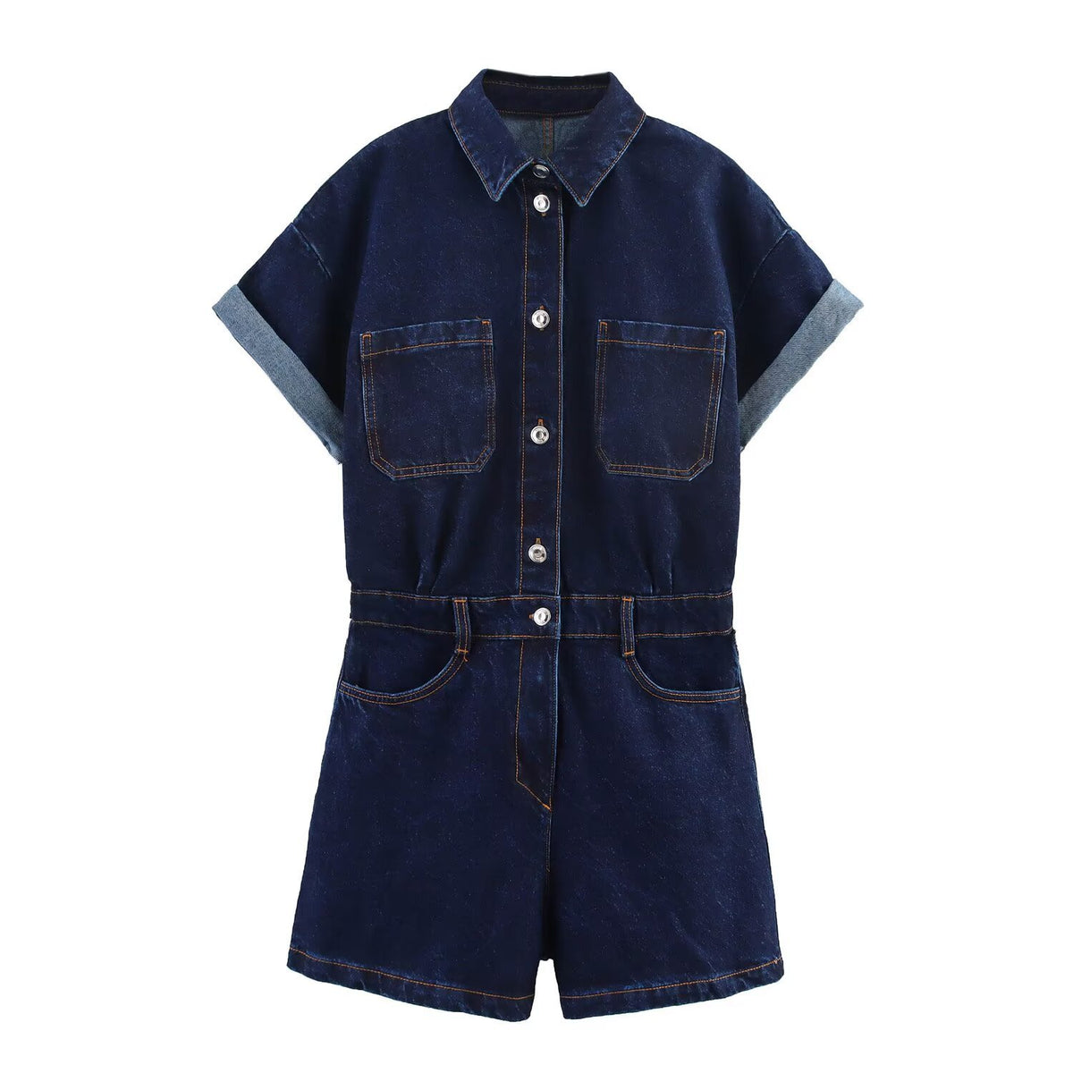Combinaison Élégance en Denim Multicolore à Manches Courtes