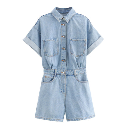Combinaison Élégance en Denim Multicolore à Manches Courtes