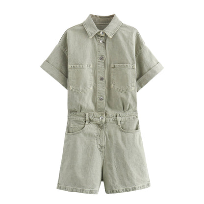 Combinaison Élégance en Denim Multicolore à Manches Courtes